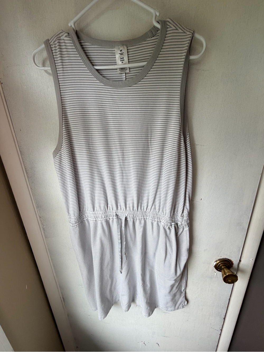 Sleeveless Gray & White Striped Midi Dress with Drawstring Waist